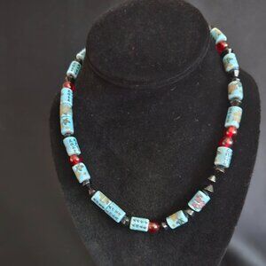 Vintage Asian Style Aqua Floral Log Shaped Ceramic Bead Necklace
